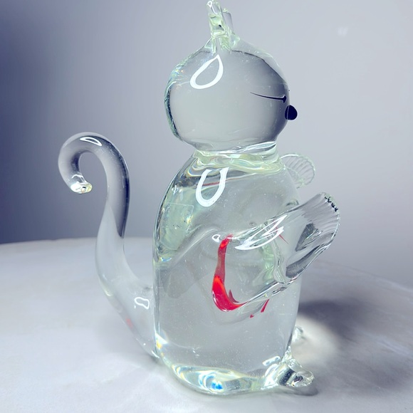 RARE Vintage Vinci Murano Clear Glass CAT Figurine Paperweight Goldfish Stomach - Picture 2 of 5